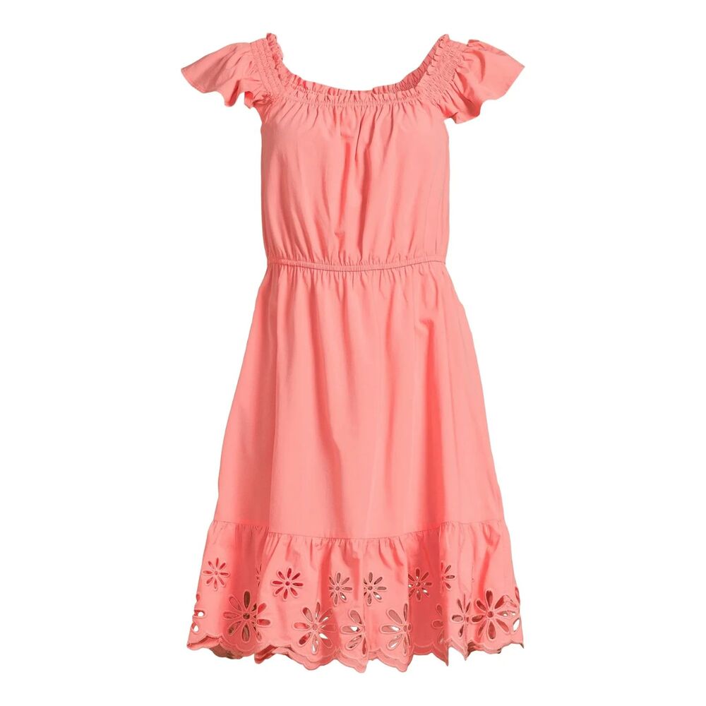 Time and Tru Mini Summer Dress Women's Peach Pink  Square Neck Eyelet Trim SMALL